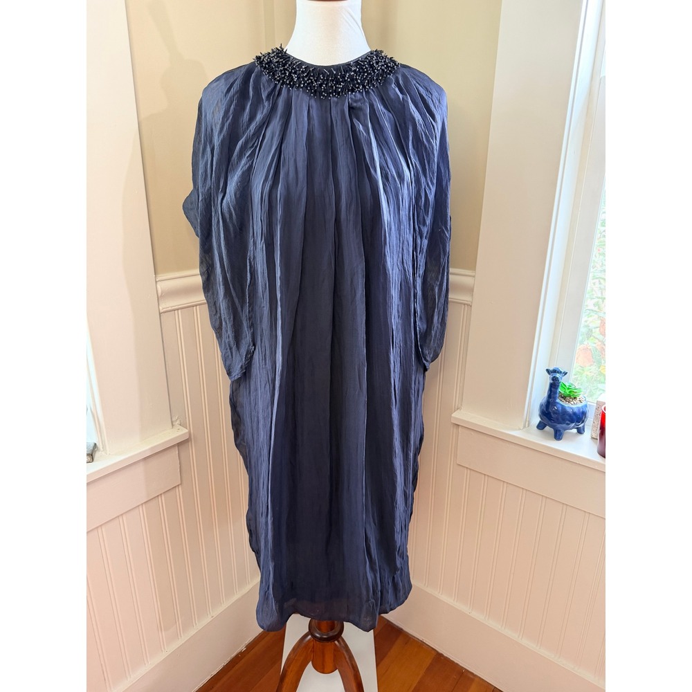 Trelise Cooper Navy Beaded Neckline Crinkle Shift Dress Prickly Pair Size 10
